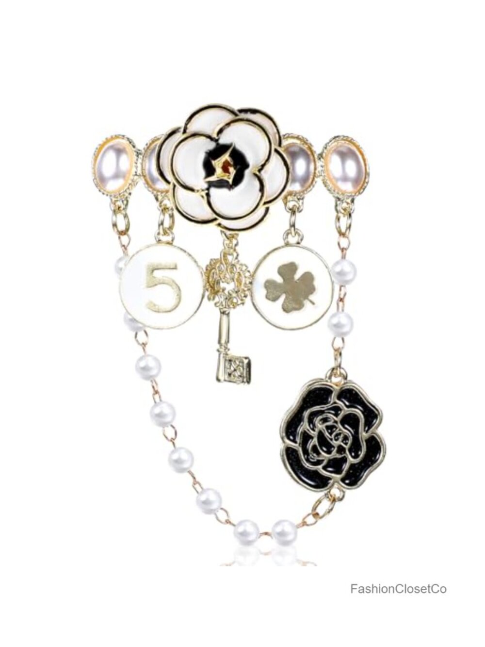 Imitation Pearl Dangle Chain Brooch with Four Leaf Clover & Rhinestones